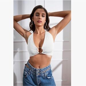 Malianna Deep V-neck Self-tie Camisole Metal Ring Halter Backless Crop Top M